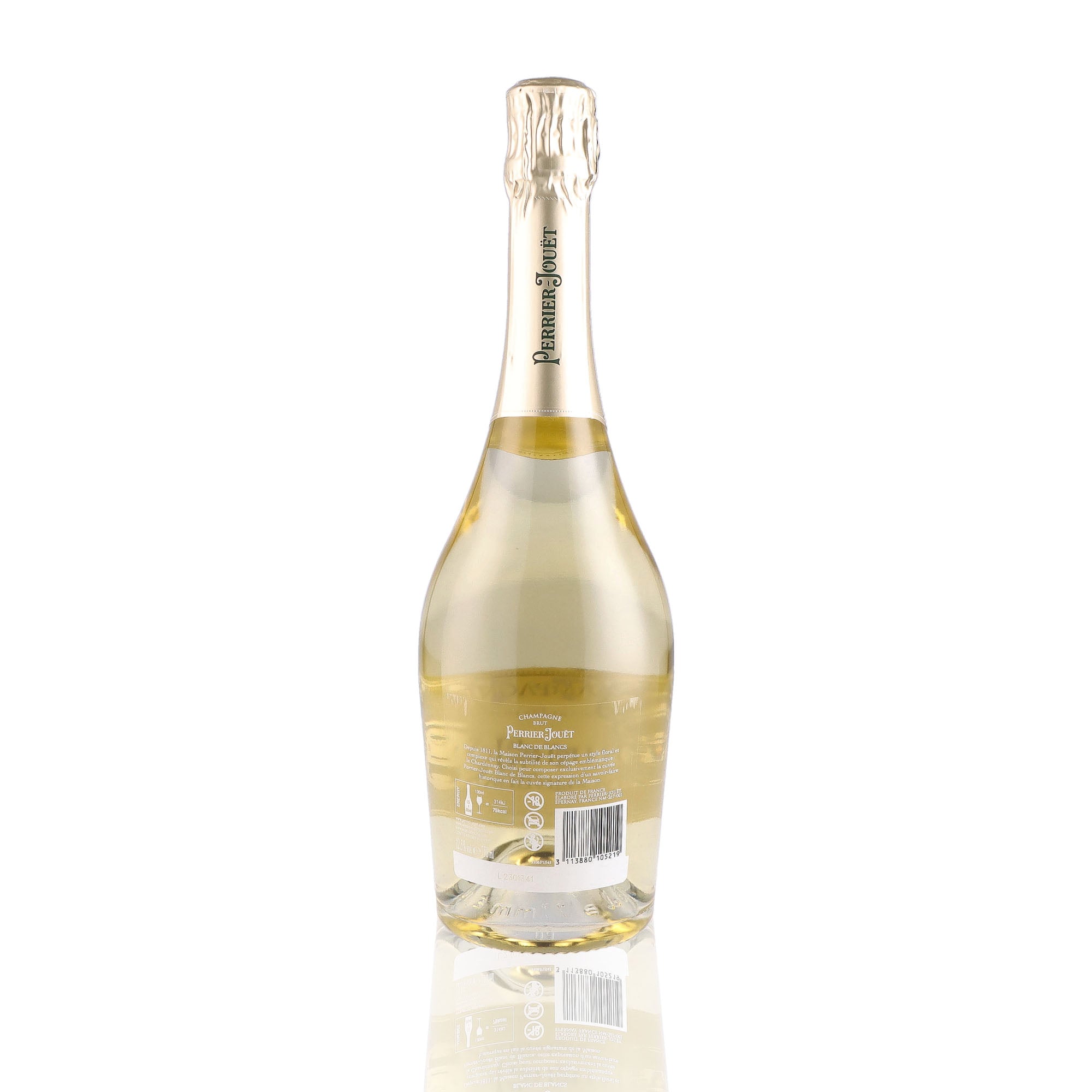 Une bouteille de champagne de la marque Perrier Jouët, de type blanc de blancs.