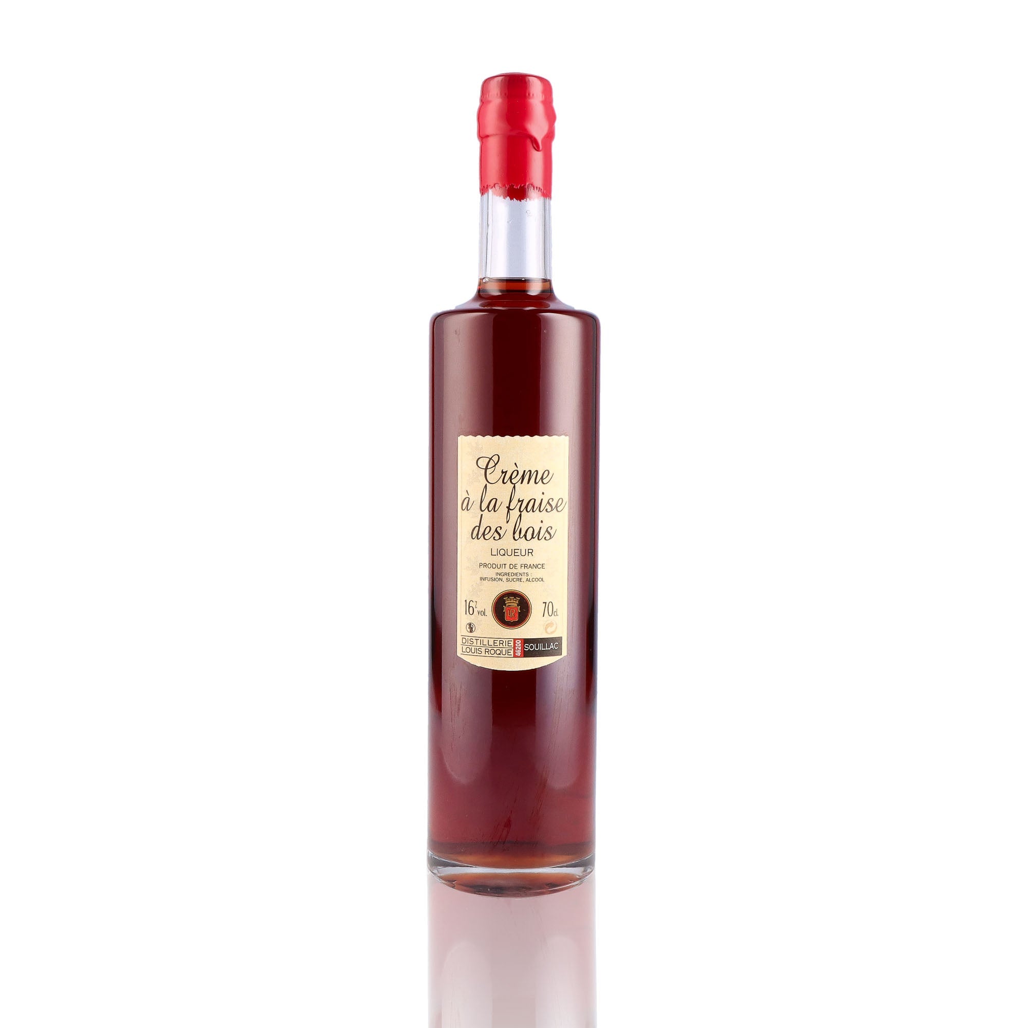 Une bouteille de Liqueur, de la marque Louis Roque, nommée Crème de Cerise.