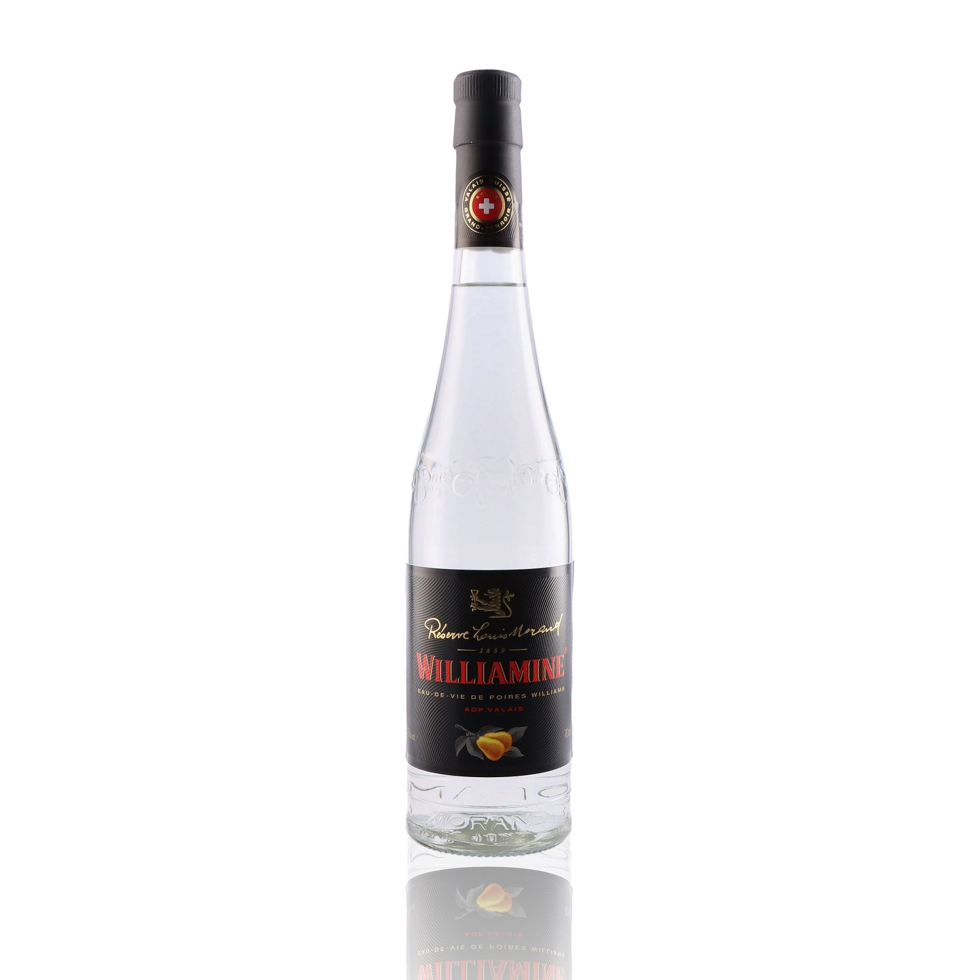 Une bouteille d'Eau de vie, de la marque Morand, nommée Réserve Williamine.