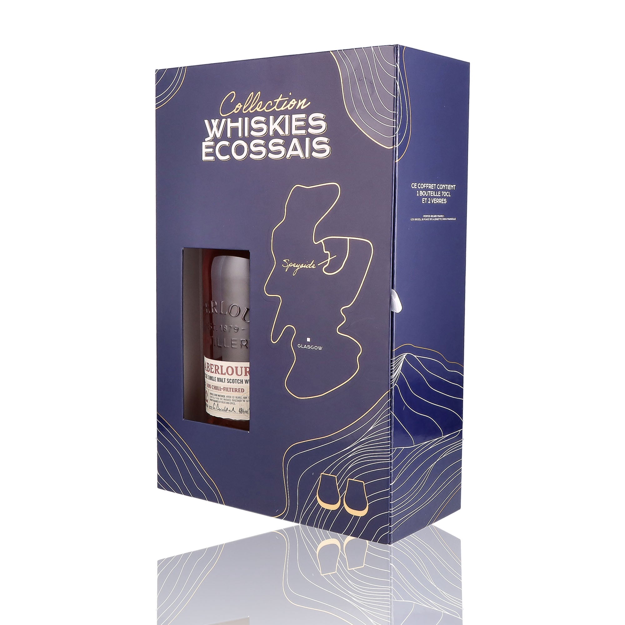 Un coffret de Scotch Whisky Single Malt de la marque Aberlour, 12 ans d'âge, nommée Coffret + 2 verres.