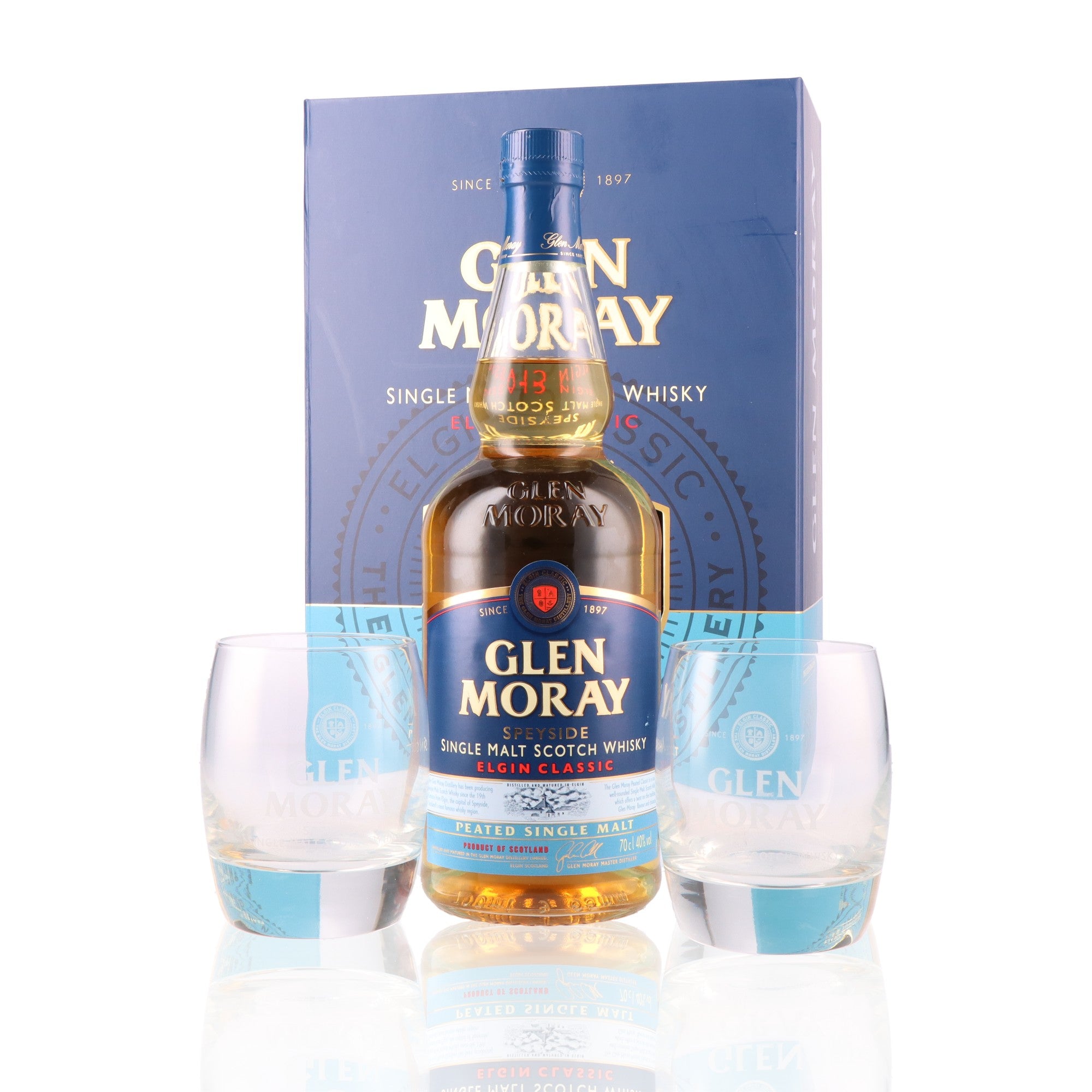 GLEN MORAY - Coffret Elgin Classic Peated + 2 Verres - 40%