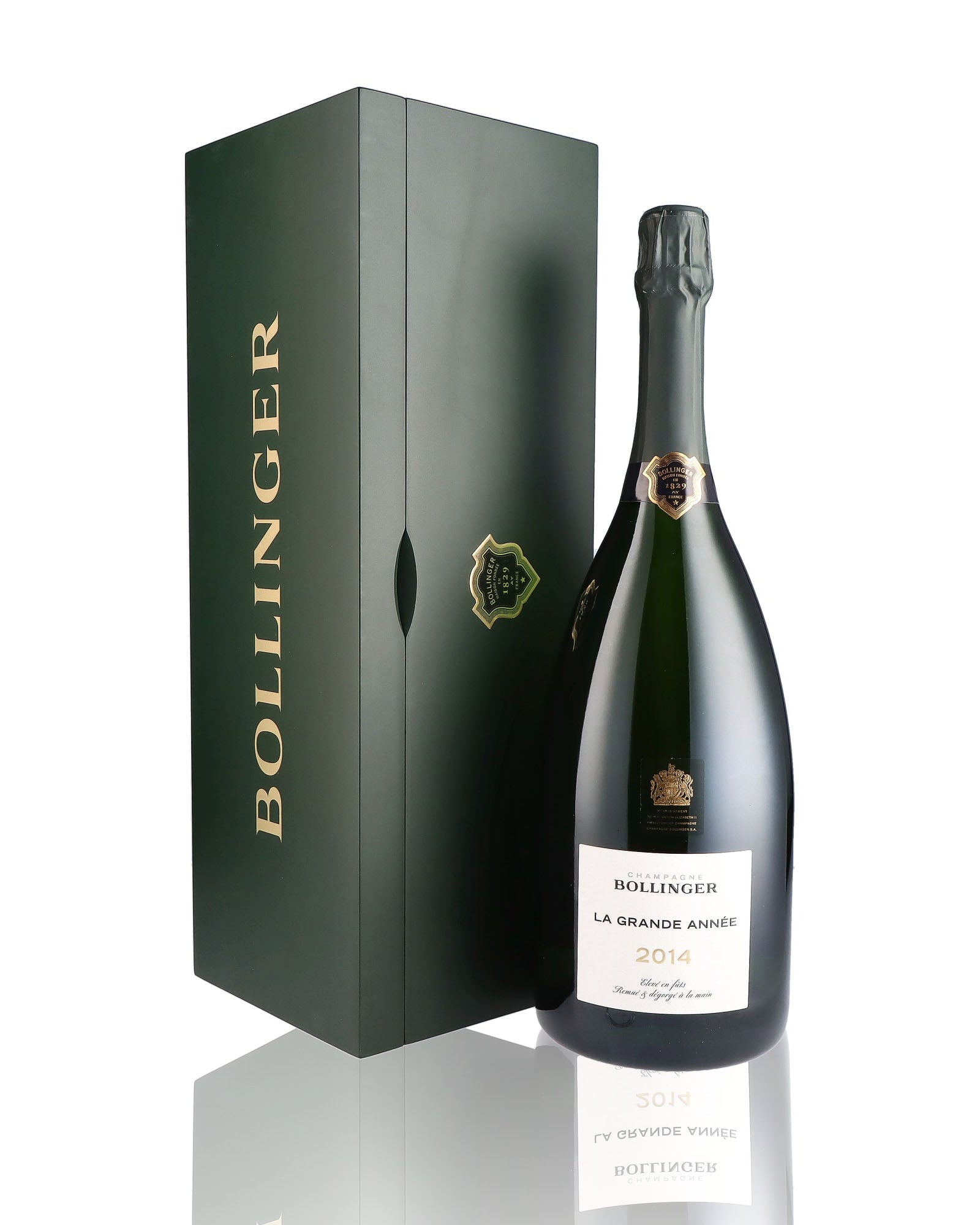 Une bouteille de champagne de la marque Bollinger, de type brut, nommée la grande année, millésime 2014, en version magnum.