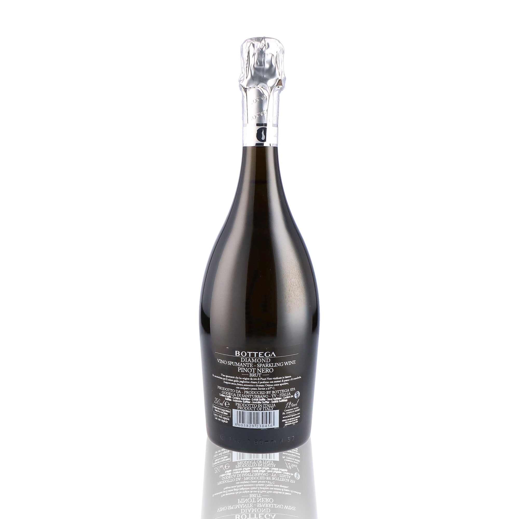 Une bouteille de prosecco de la marque Bottega, de type brut, nommée Diamond Pinot Noir.