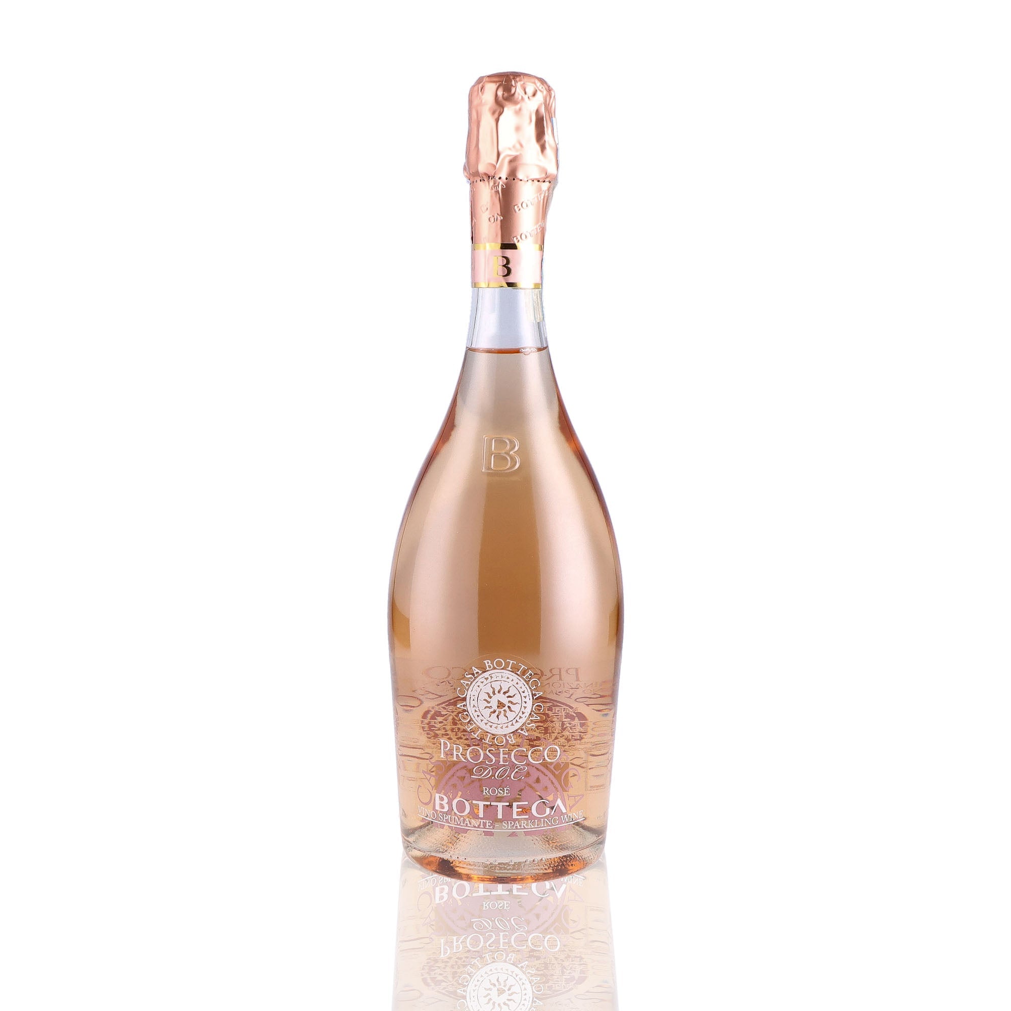 Une bouteille de prosecco de la marque Bottega, de type rosé, nommée Doc rosé.