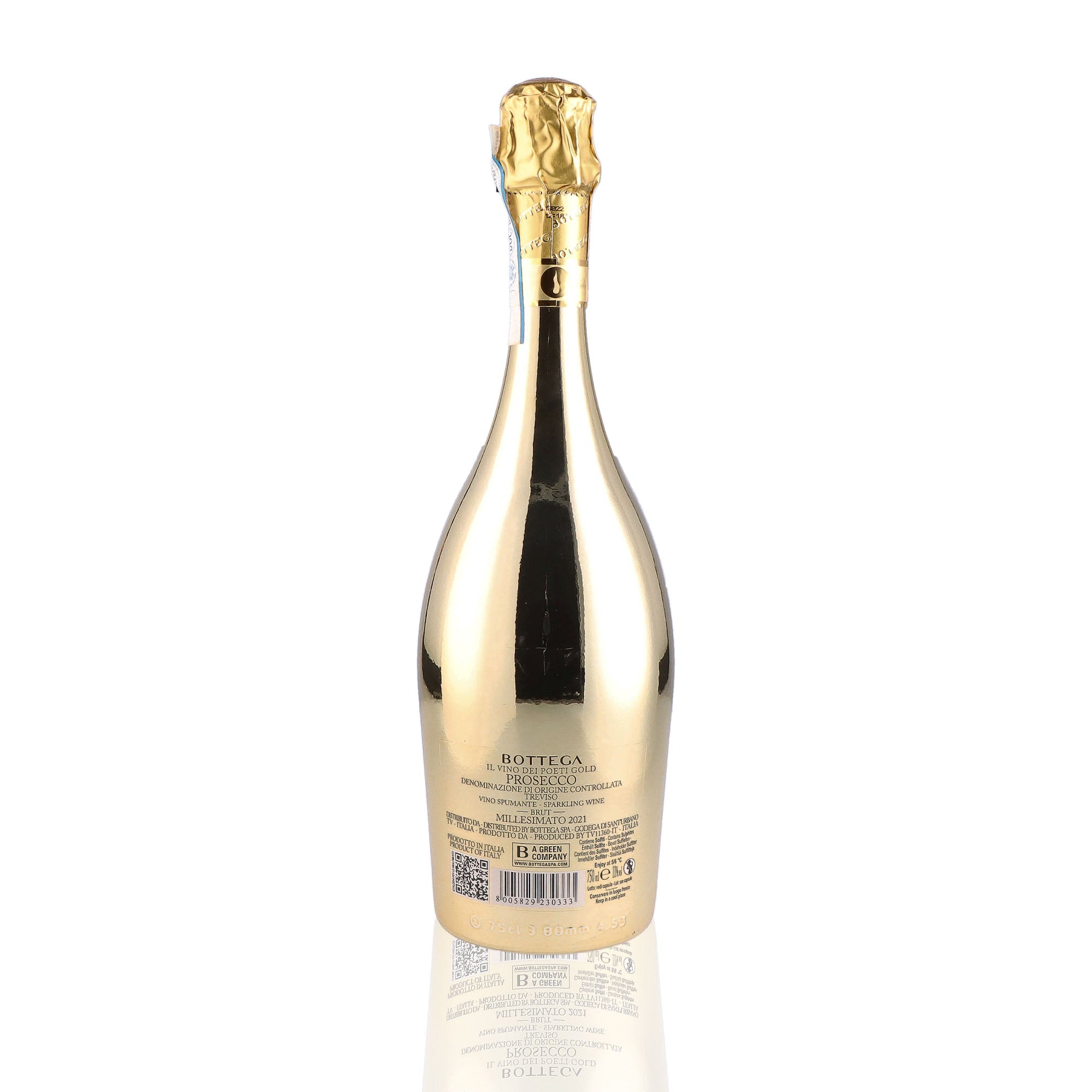 Une bouteille de prosecco de la marque Bottega, de type brut, nommée gold.