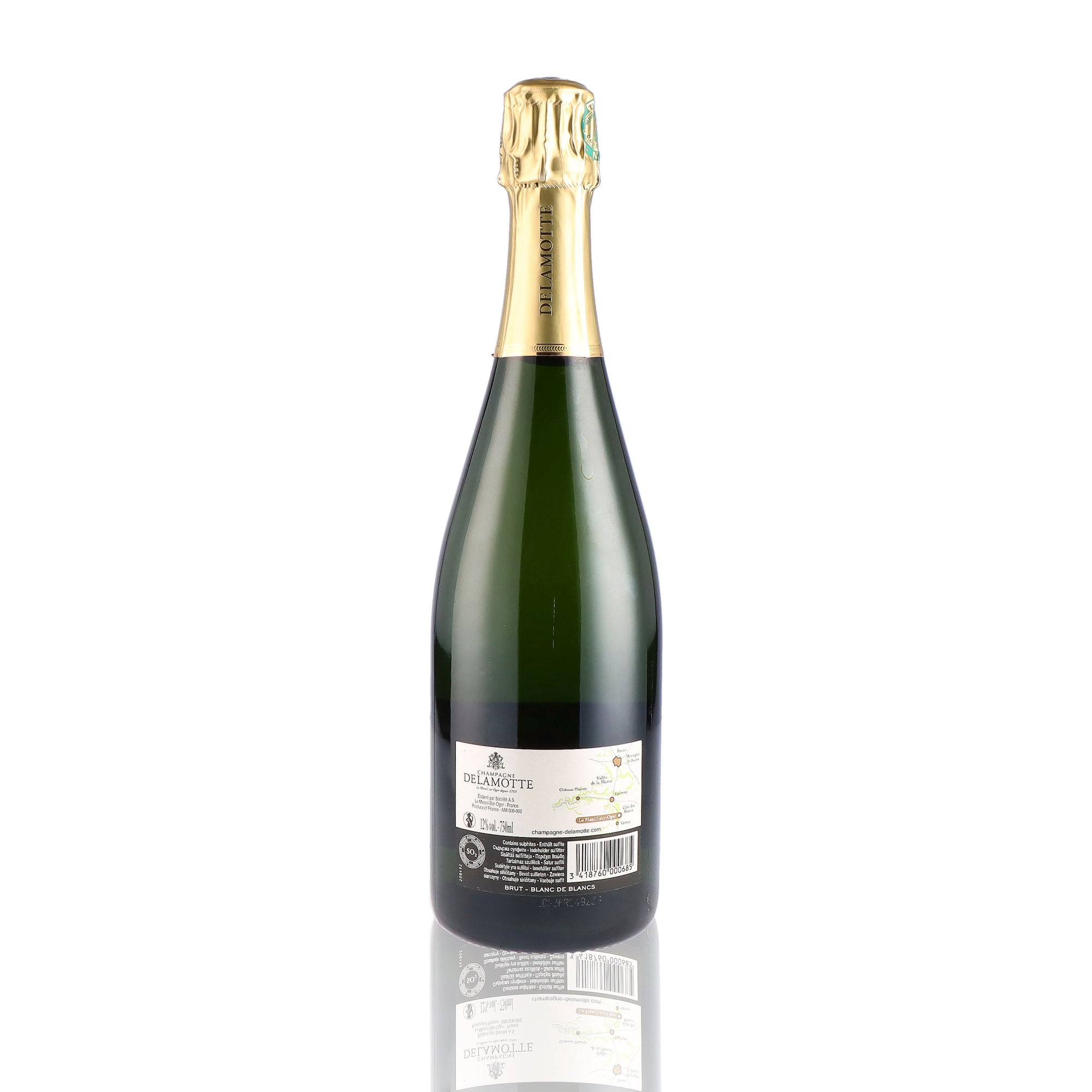Une bouteille de champagne de la marque Delamotte, de type blanc de blancs.