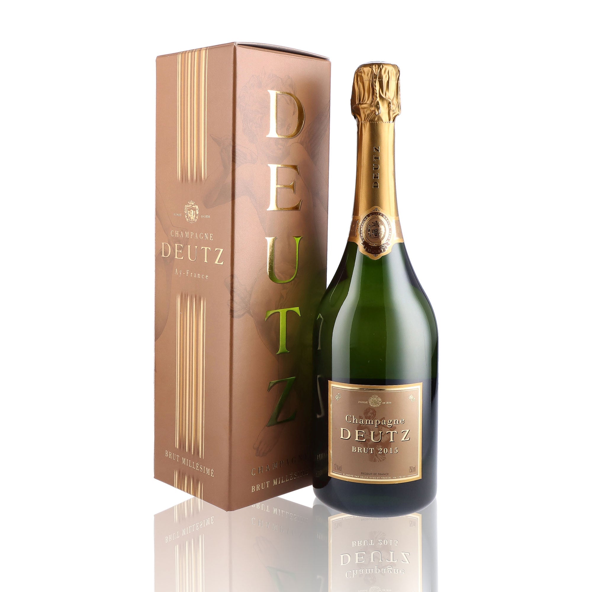 Une bouteille de champagne de la marque Deutz, de type brut, millésime 2015.