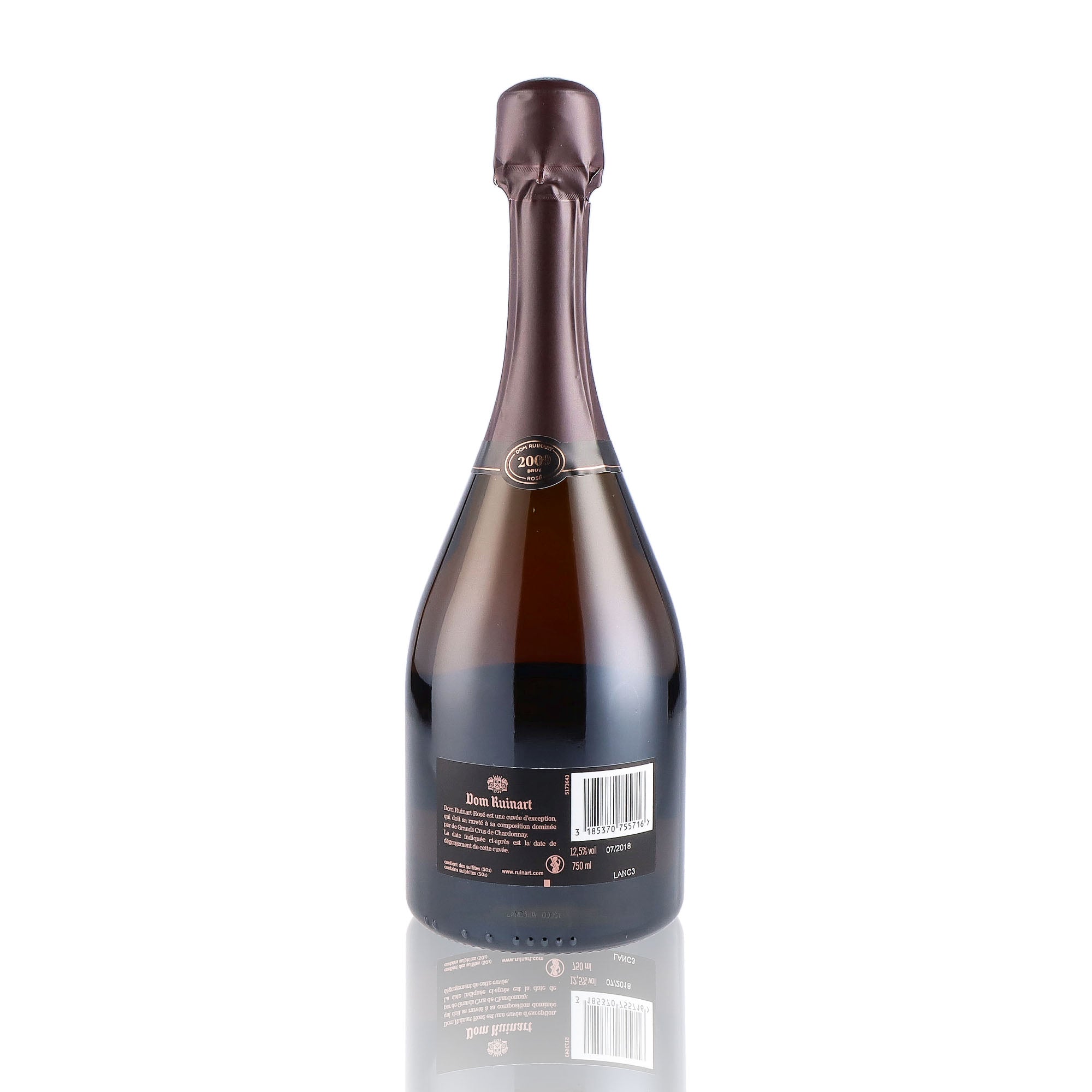 Une bouteille de champagne de la marque Dom Ruinart, de type rosé, millésime 2009.
