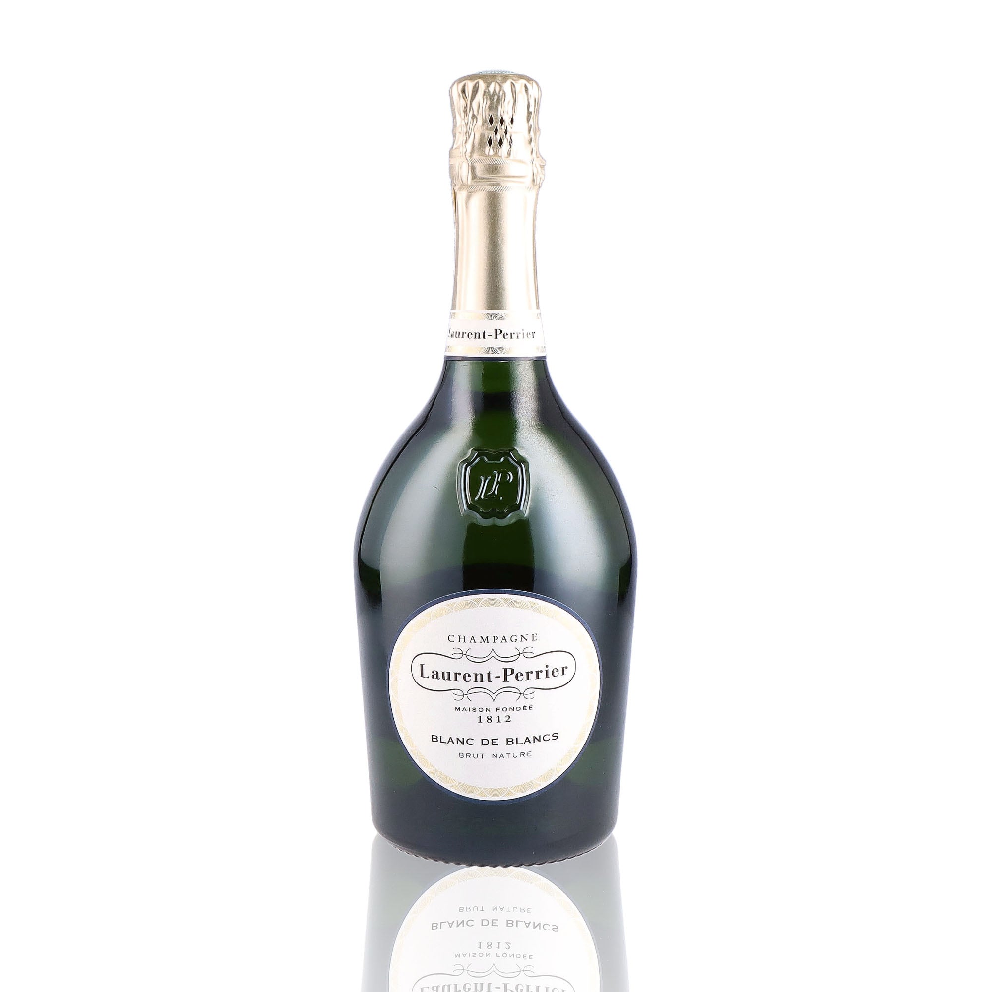 Une bouteille de champagne de la marque Laurent Perrier, de type blanc de blancs brut nature.