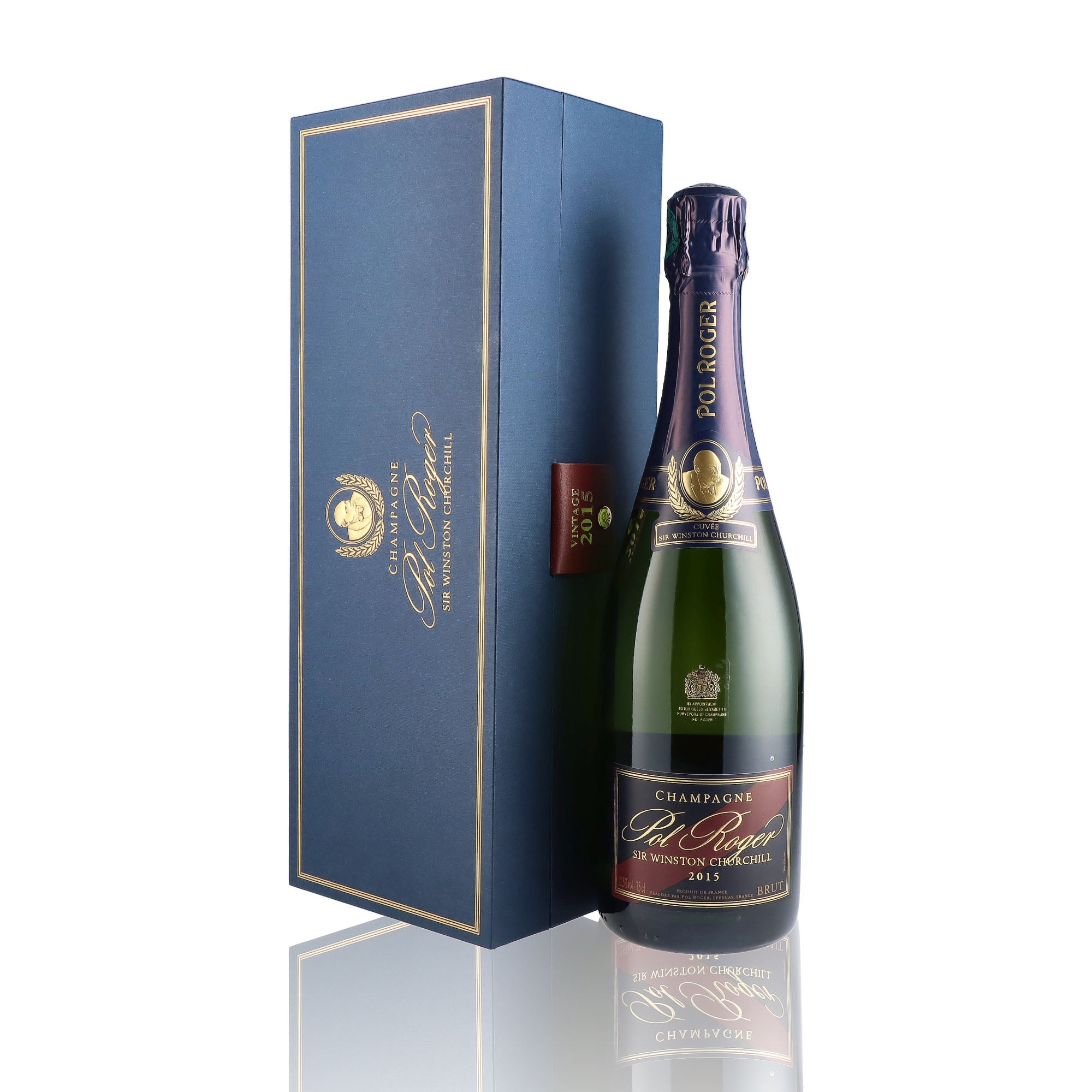 Une bouteille de champagne de la marque Pol Roger, de type brut, nommée Sir Winston Churchill, millésime 2015.