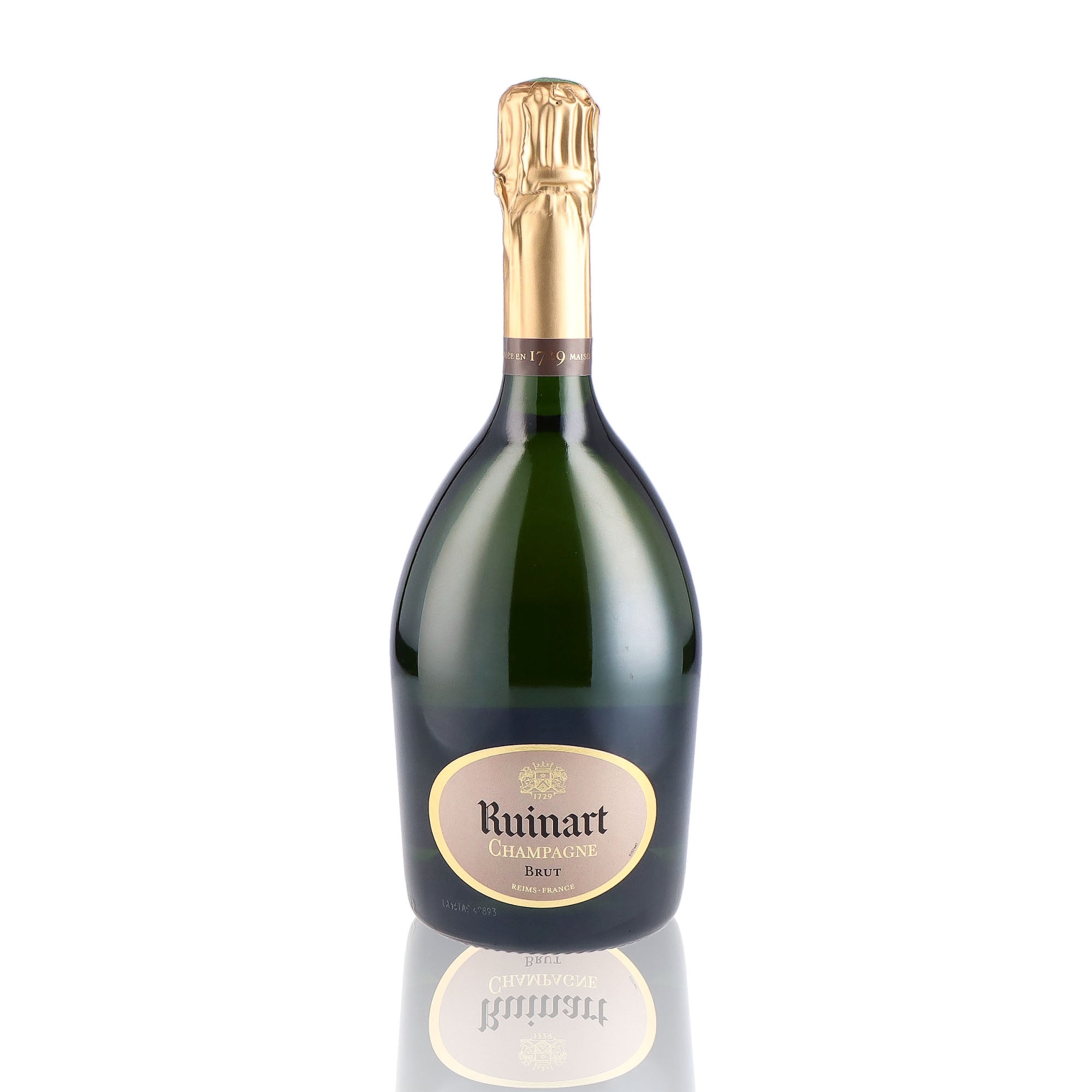 Une bouteille de champagne de la marque Ruinart, de type brut, nommée R de Ruinart.