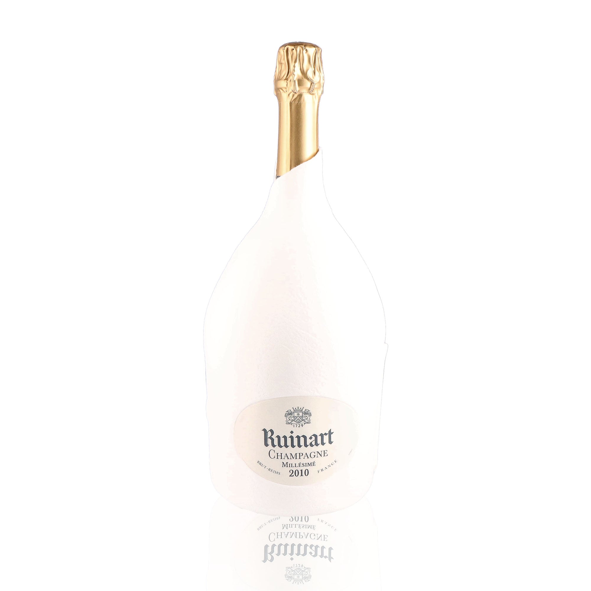 Une bouteille de champagne de la marque Ruinart, de type brut, nommée R de Ruinart, millésime 2010, en version magnum.