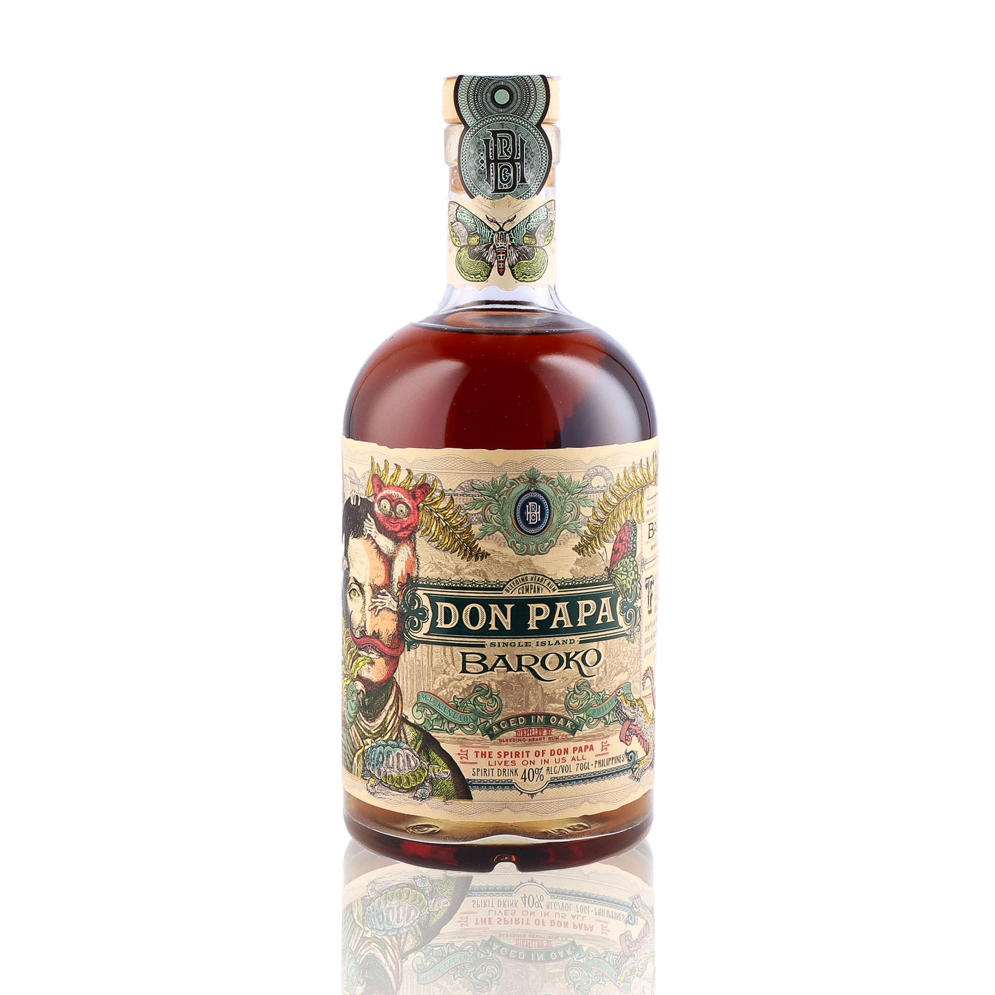 Une bouteille de rhum de mélasse, de la marque Don Papa, nommée Baroko.