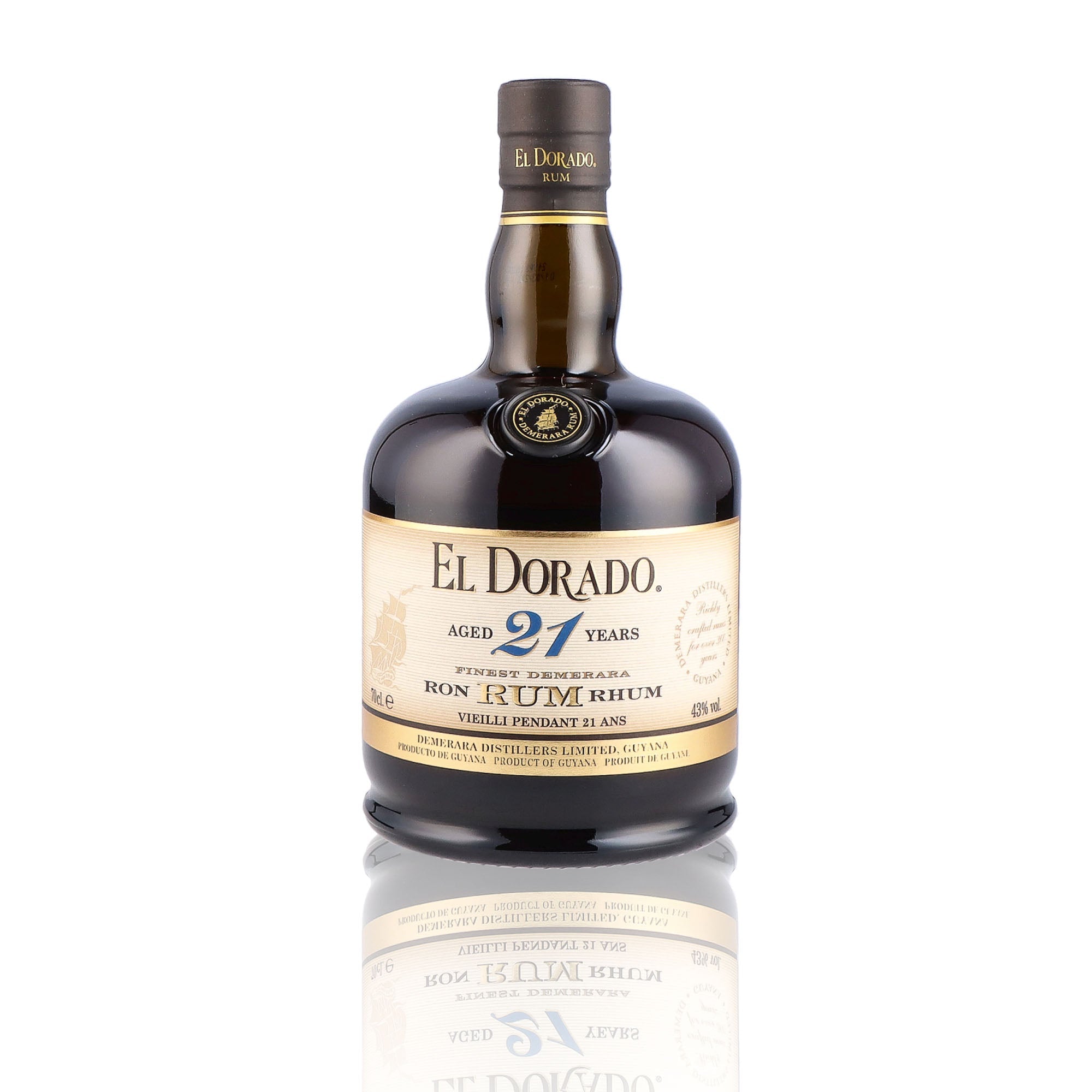 Une bouteille de rhum vieux, de la marque El Dorado, 21 ans d'âge.