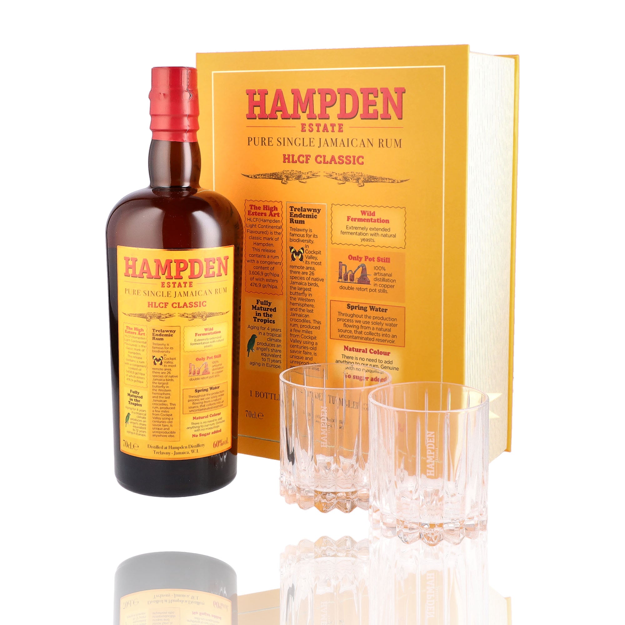 Un coffret de rhum vieux, de la marque Hampden, nommée HLCF Classic et ses 2 verres.