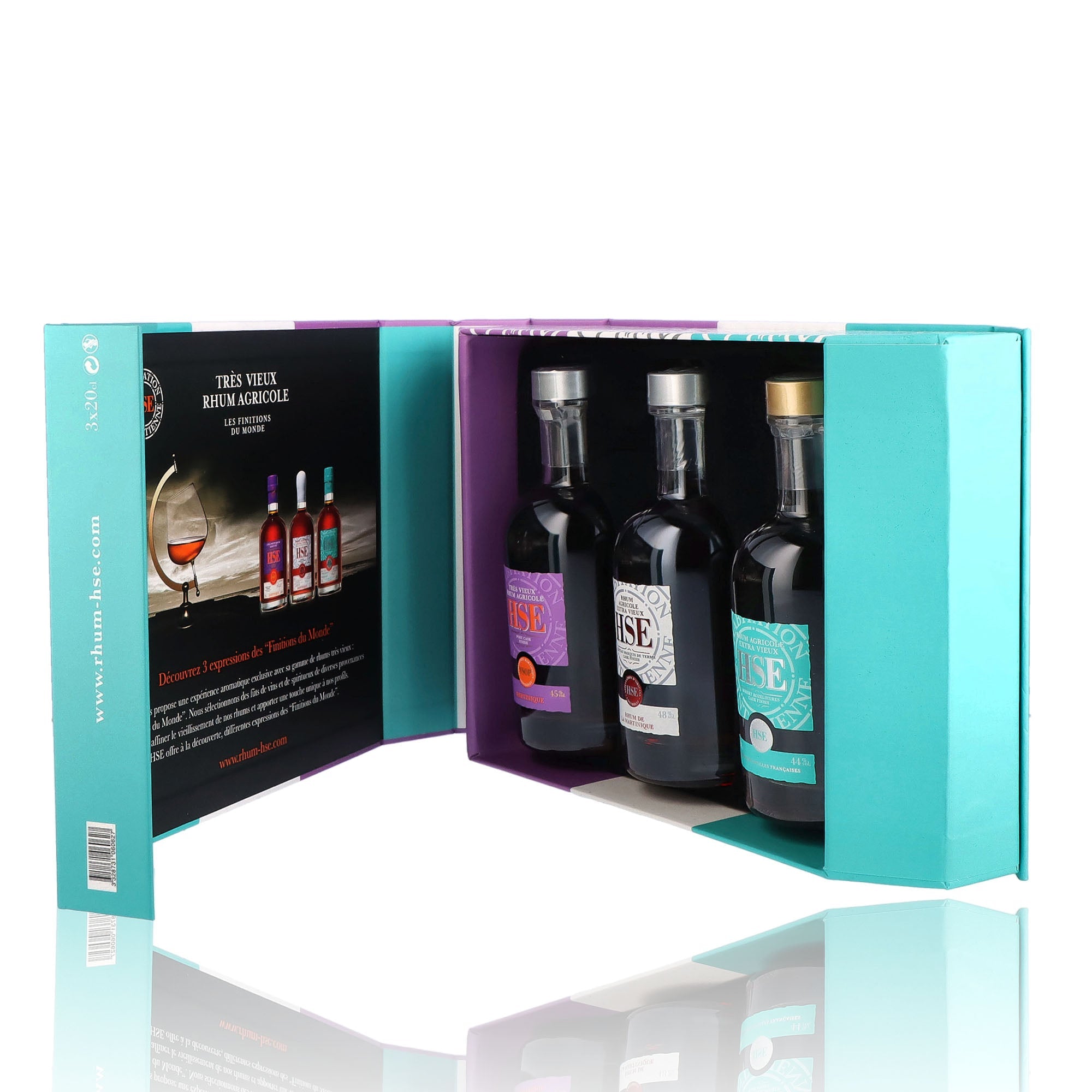 Un coffret de rhum vieux, de la marque HSE, nommée Finitions du Monde Numéro 2, de 3 bouteilles, au format 20 cL.