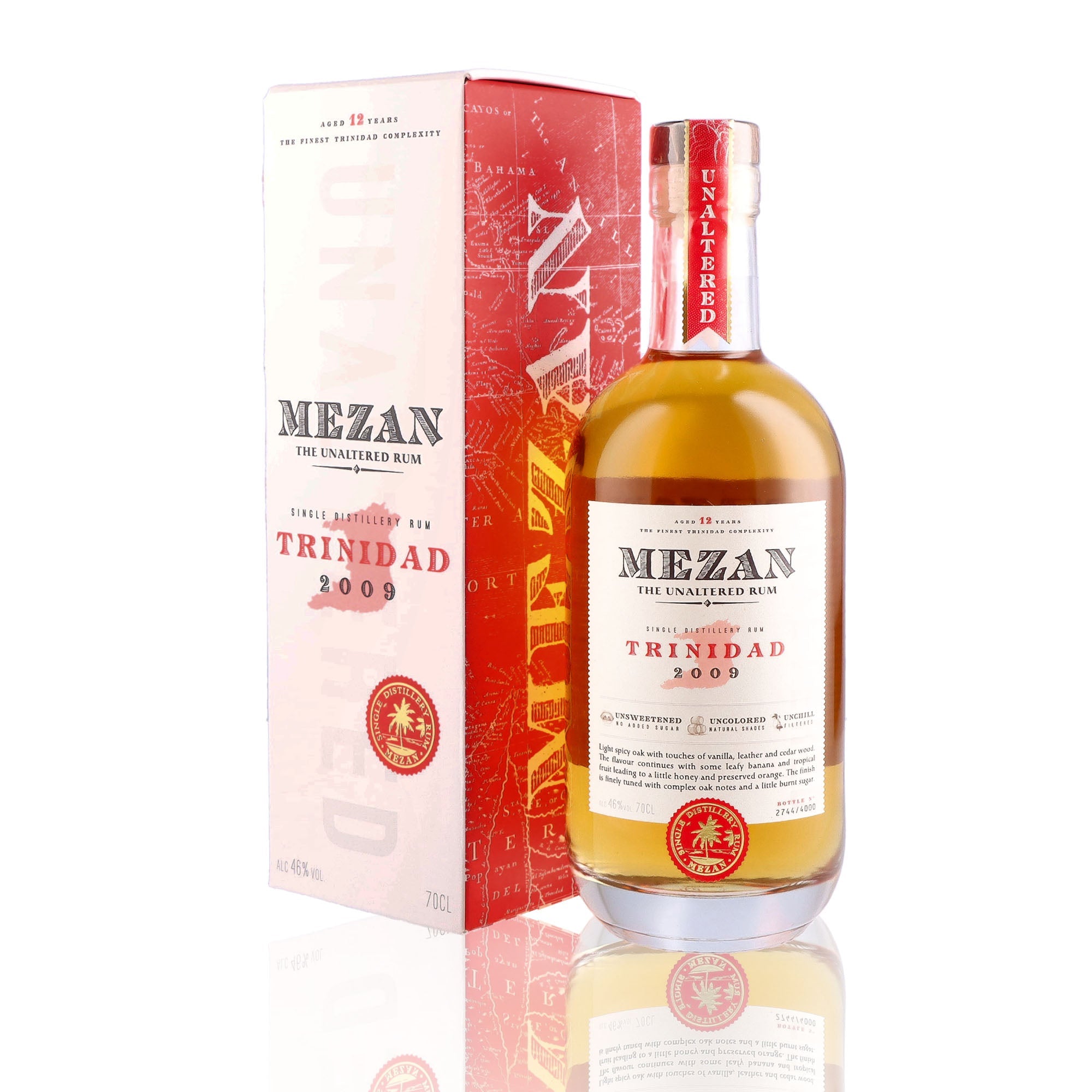 Une bouteille de rhum de mélasse, de la marque Mezan, nommée Trinidad, 12 ans d'âge, du millésime 2009.