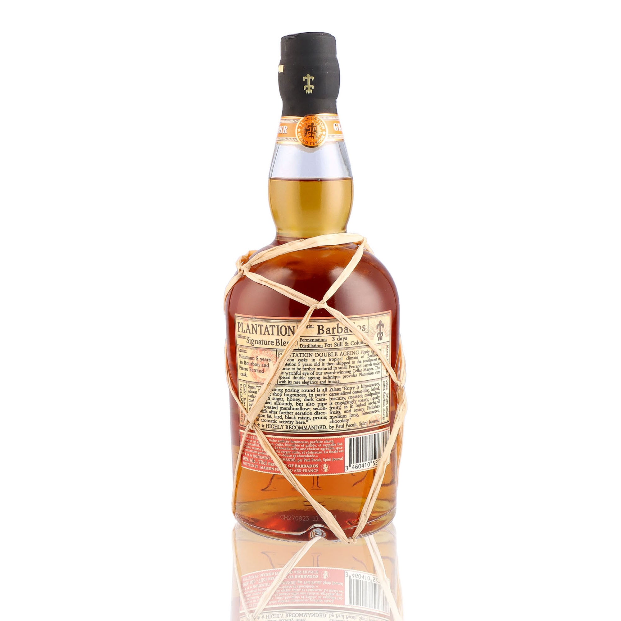 Une bouteille de rhum vieux, de la marque Plantation Rum, nommée barbados, 5 ans d'âge.