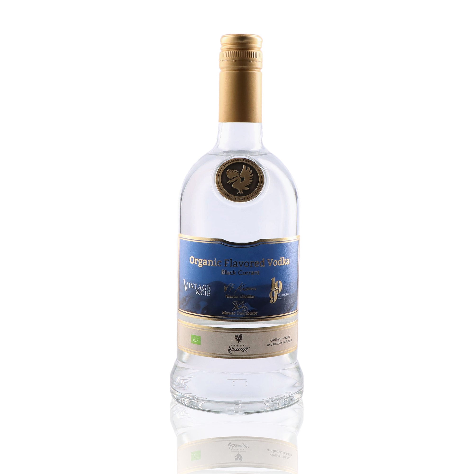 Une bouteille de Vodka, de la marque Distillery Krauss, nommée Organic Flavored Vodka Black Currant.