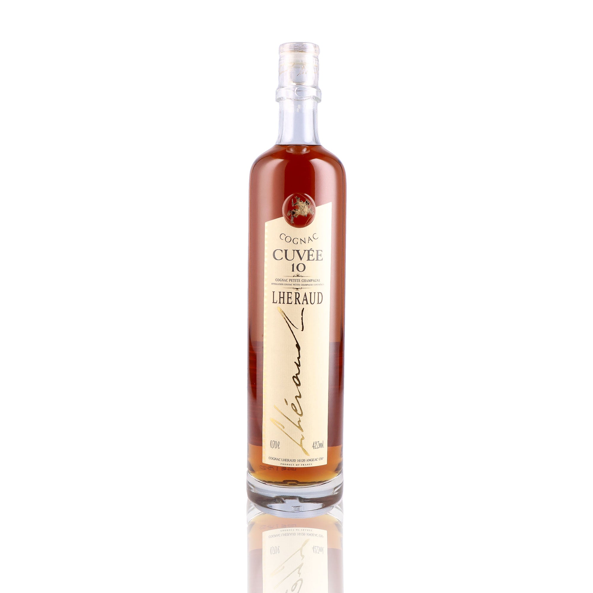 Une bouteille de Cognac, de la marque Lheraud, nommée Cuvée , 10 Ans d'âge.