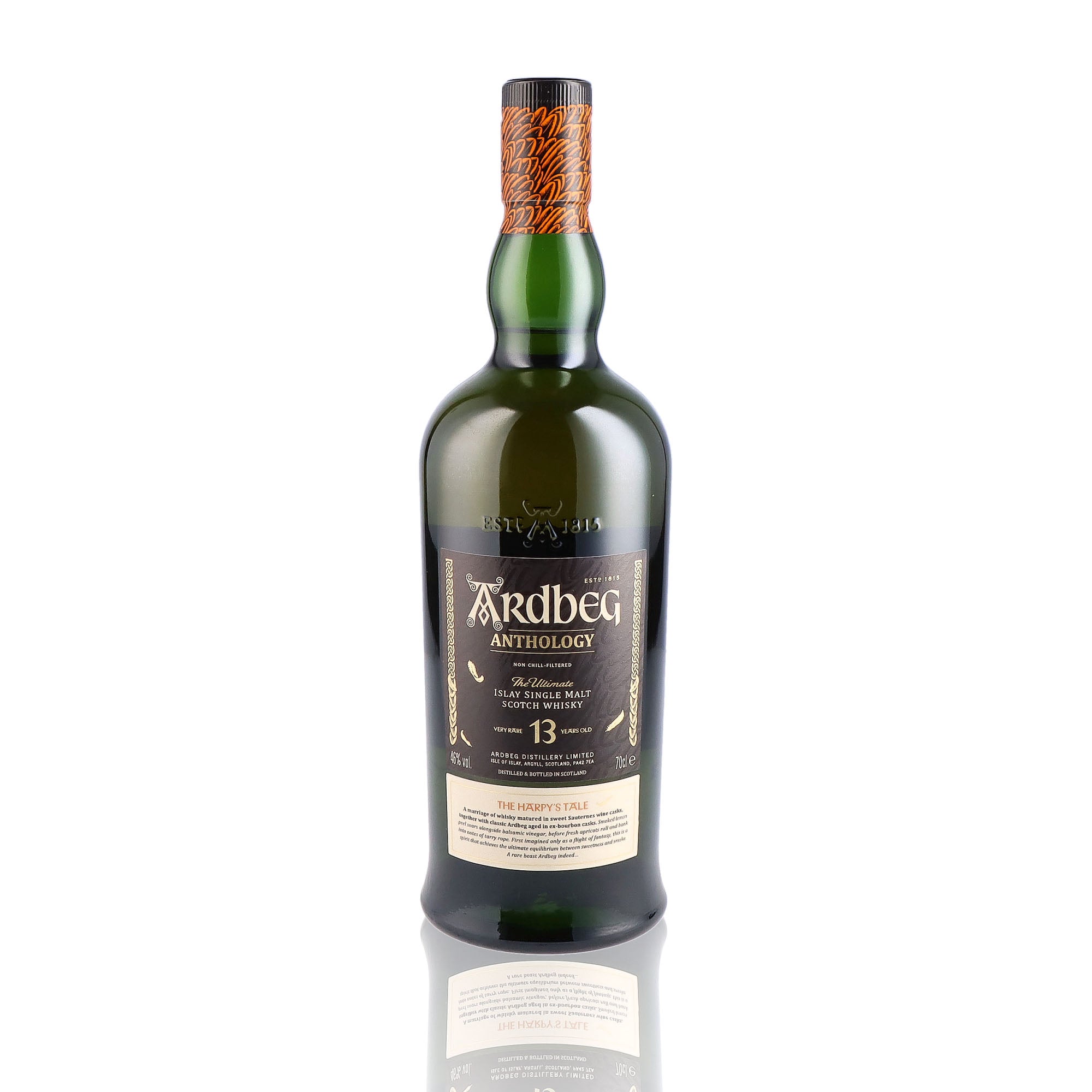 Une bouteille de Scotch Whisky Single Malt de la marque Ardbeg, nommée The Harpy's Tale Anthology, 13 ans d'âge.