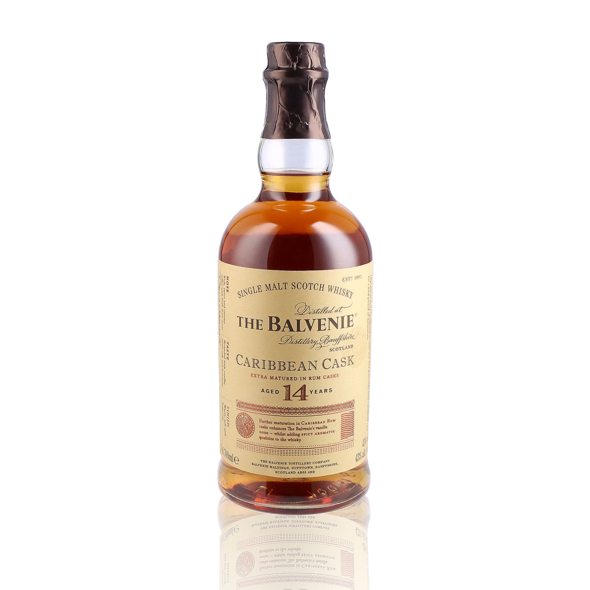 Un coffret de Scotch Whisky Single Malt de la marque Balvenie, nommée Coffret Caribbean Cask et 2 verres, 14 ans d'âge. 