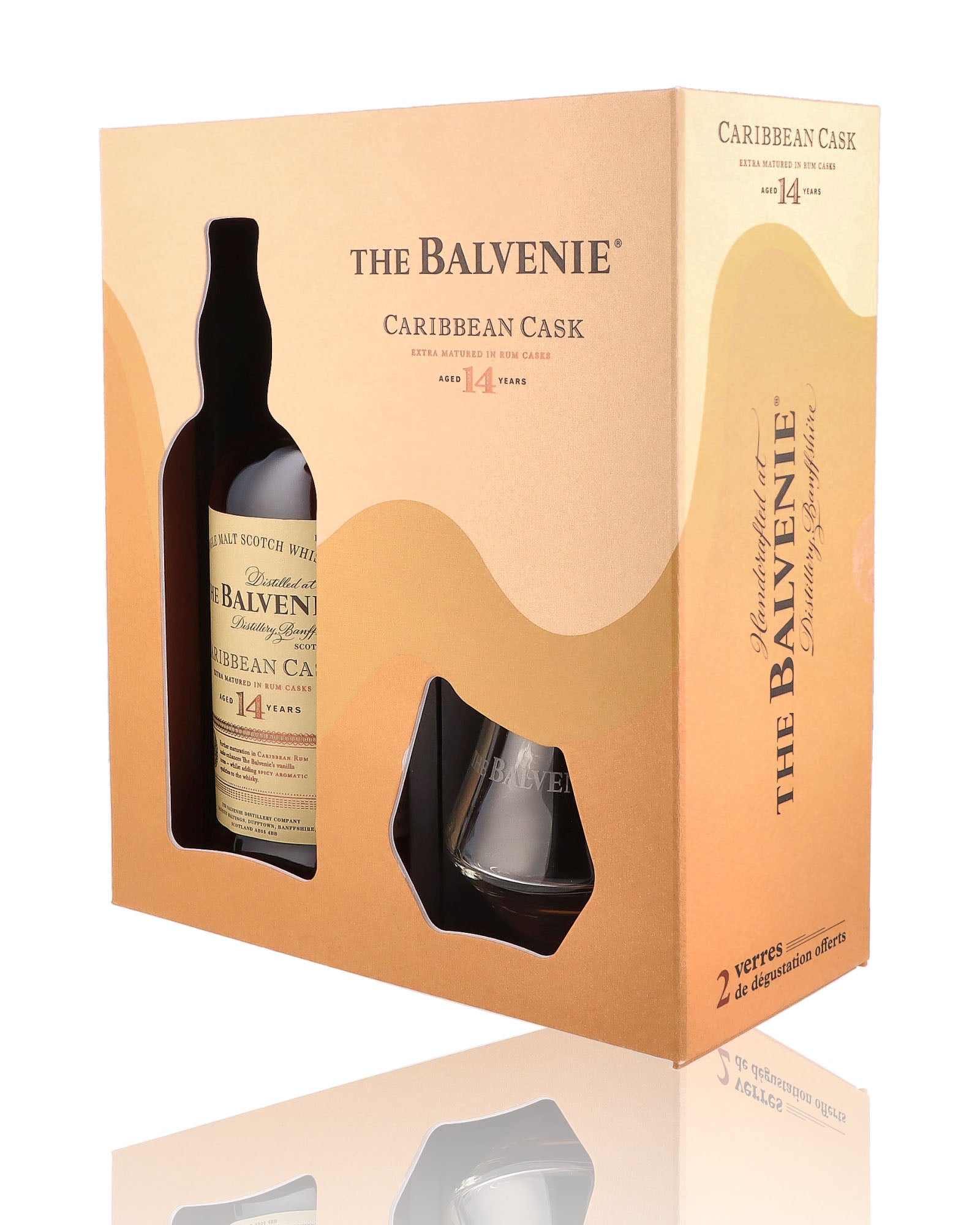Un coffret de Scotch Whisky Single Malt de la marque Balvenie, nommée Coffret Caribbean Cask et 2 verres, 14 ans d'âge.