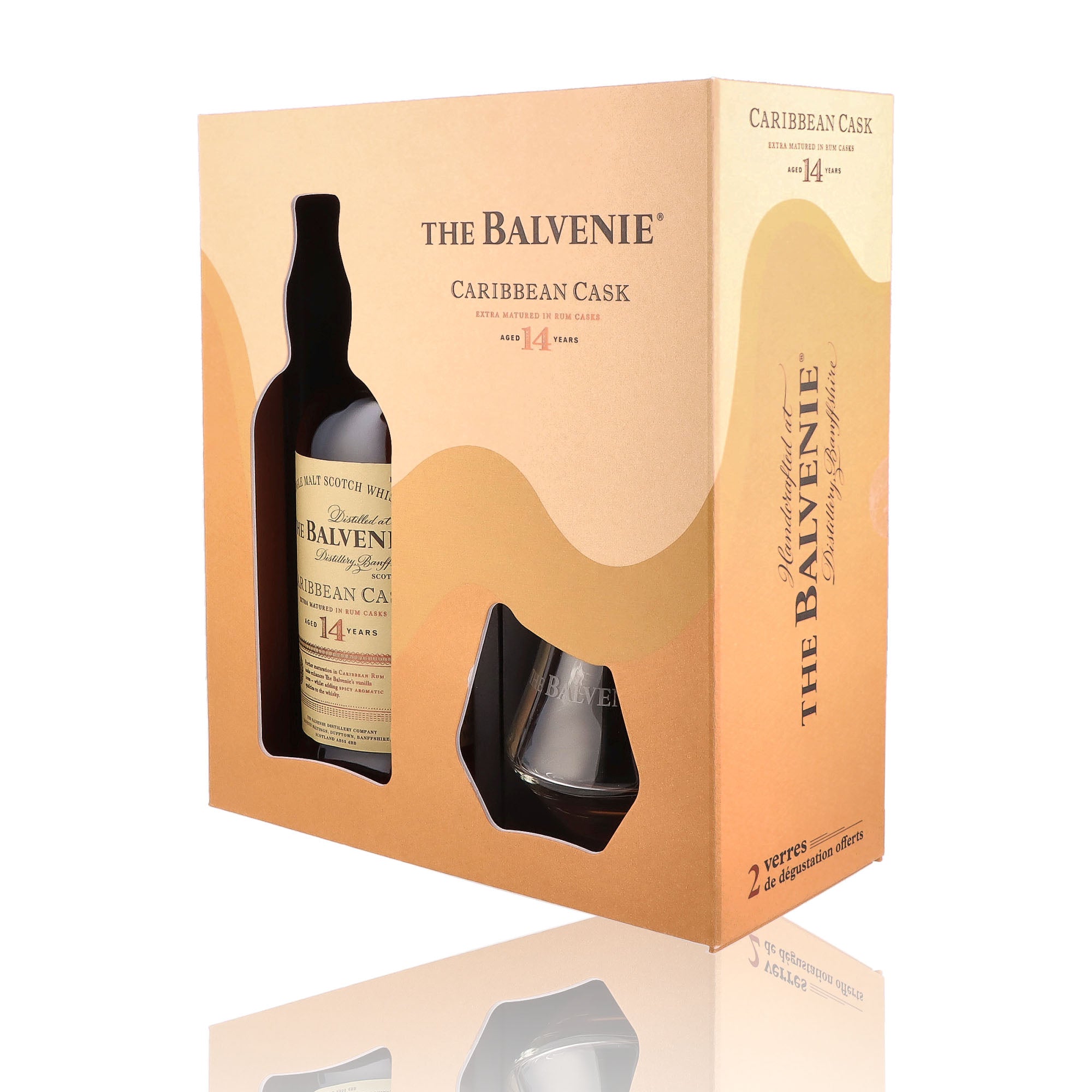 Un coffret de Scotch Whisky Single Malt de la marque Balvenie, nommée Coffret Caribbean Cask et 2 verres, 14 ans d'âge.