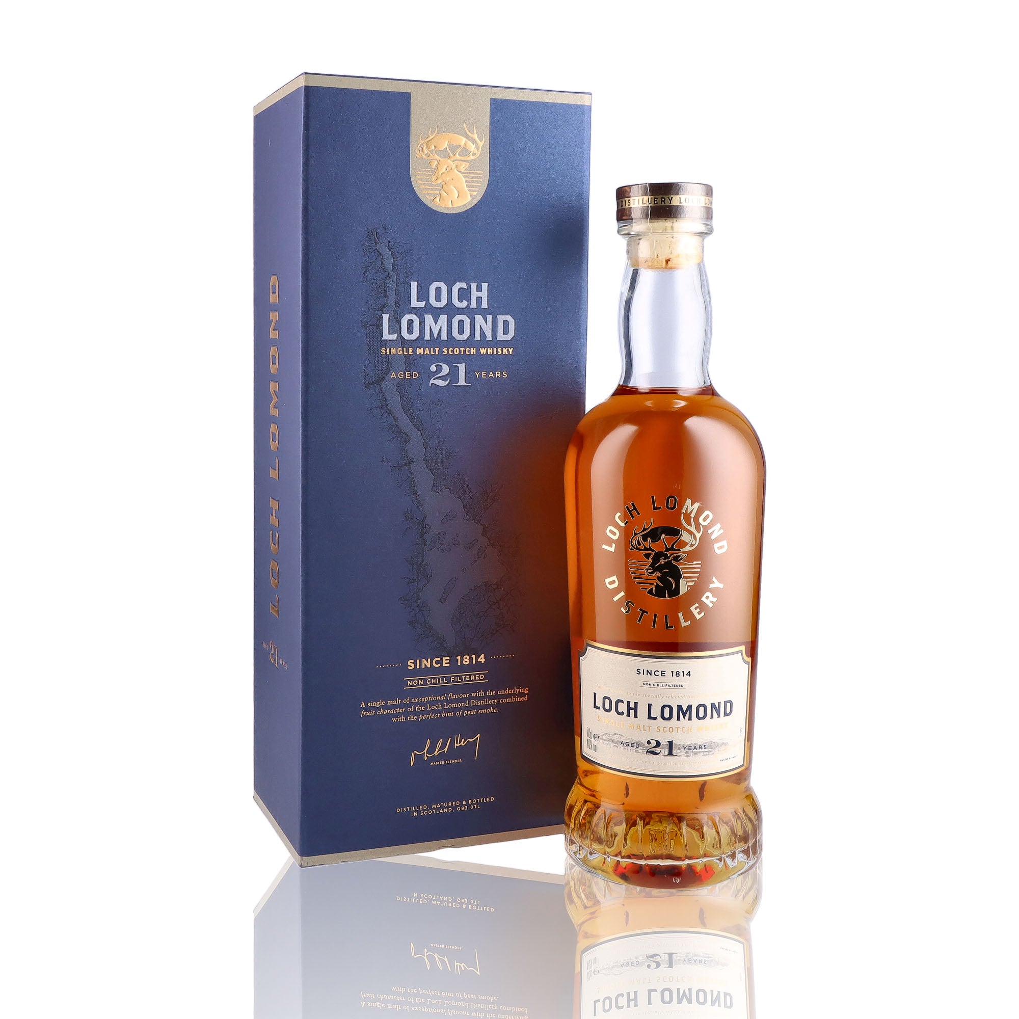 Une bouteille de Scotch Whisky Single Malt de la marque Loch Lomond, 21 ans d'âge.