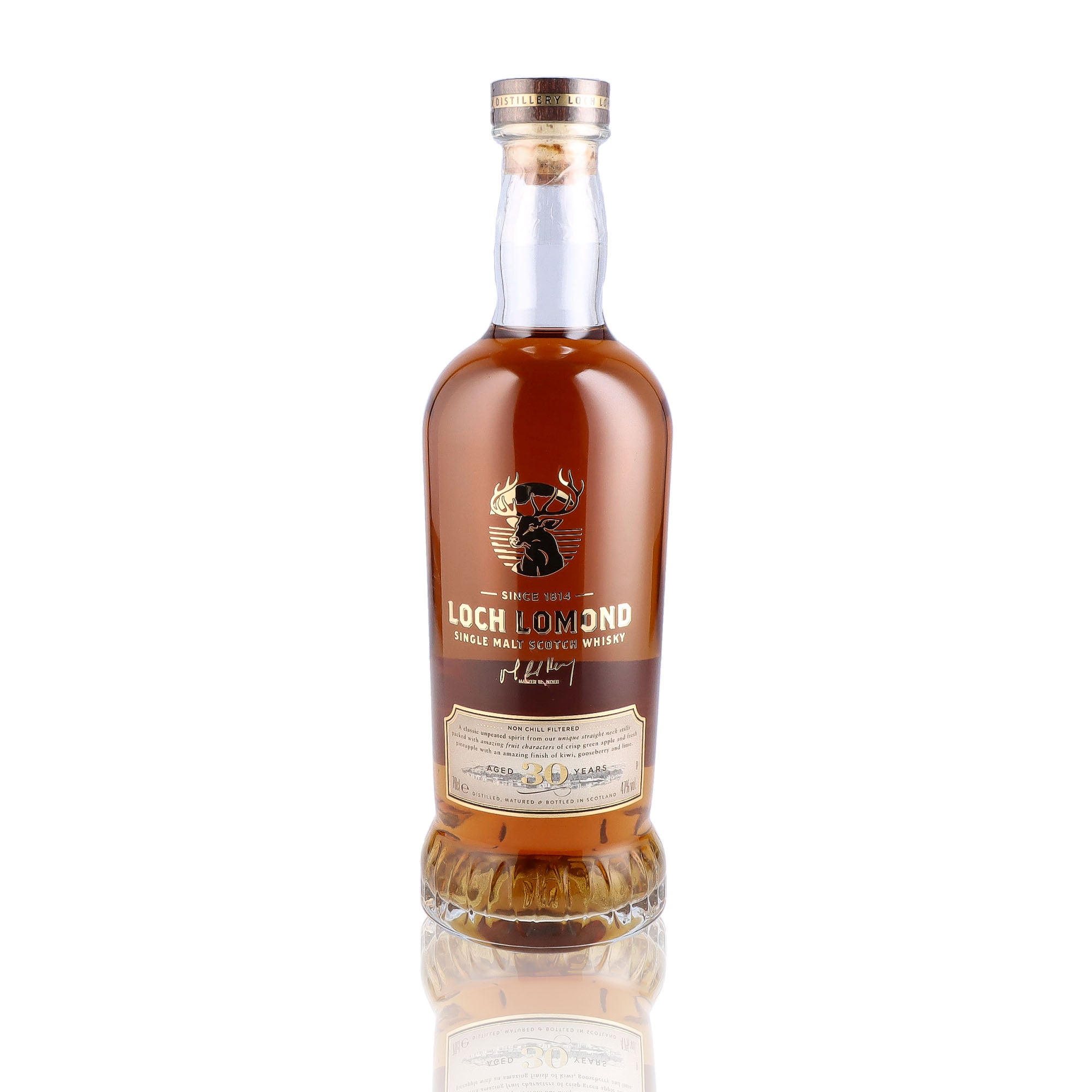 Une bouteille de Scotch Whisky Single Malt de la marque Loch Lomond, 30 ans d'âge.