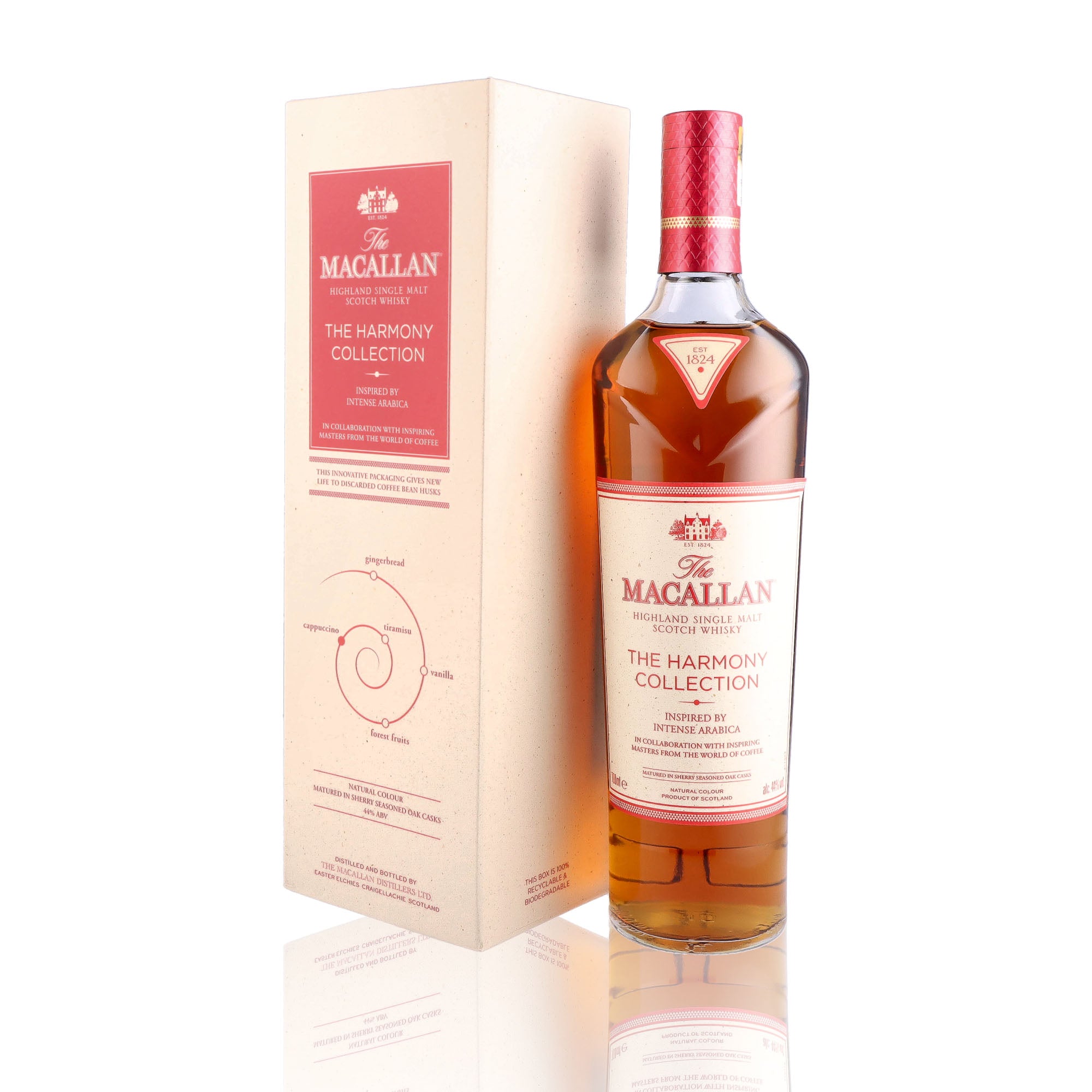 Une bouteille de Scotch Whisky Single Malt de la marque Macallan, nommée Harmony Collection Intense Arabica.