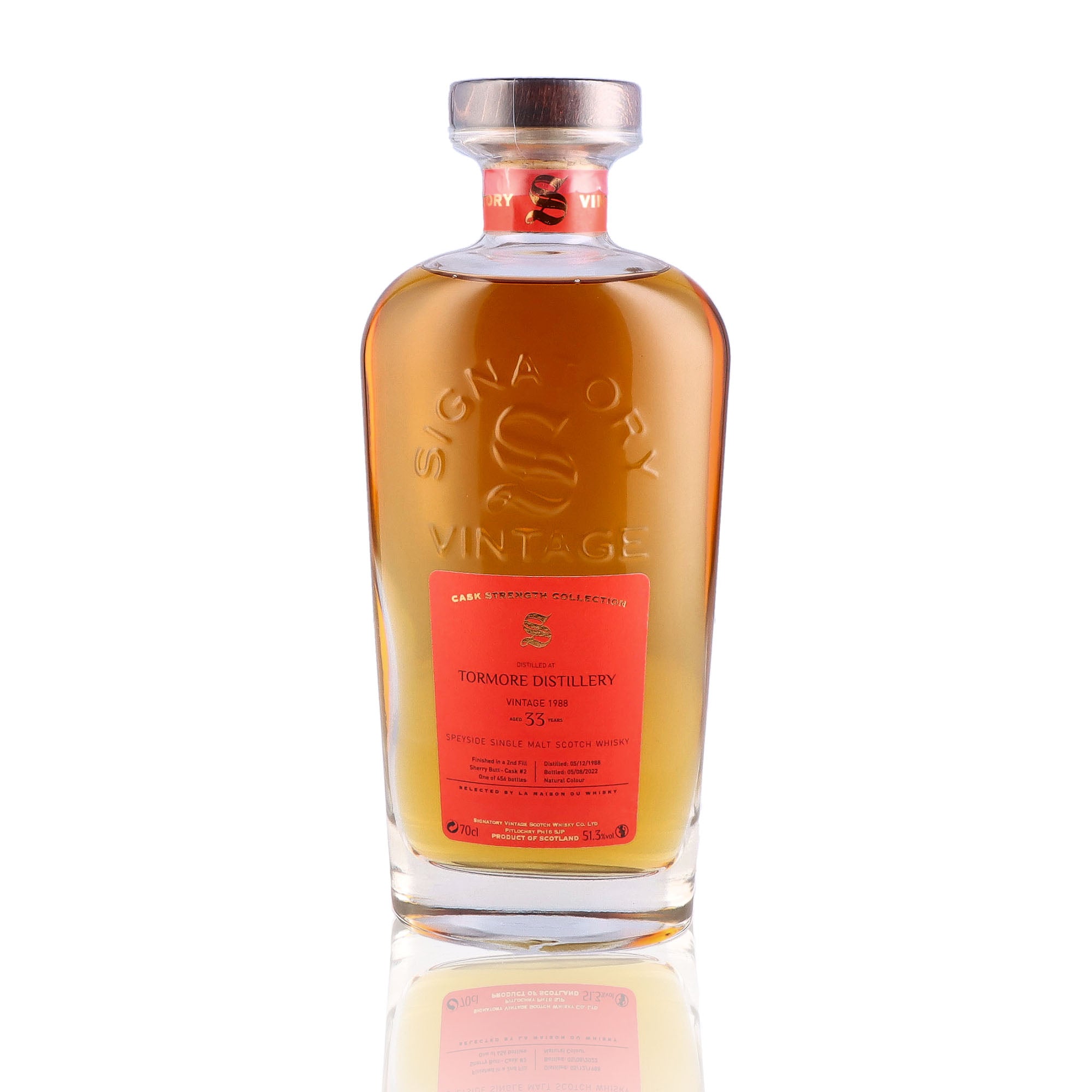 Une bouteille de Scotch Whisky Single Malt, de la marque Tormore, 33 ans d'âge, du millésime 1988. 