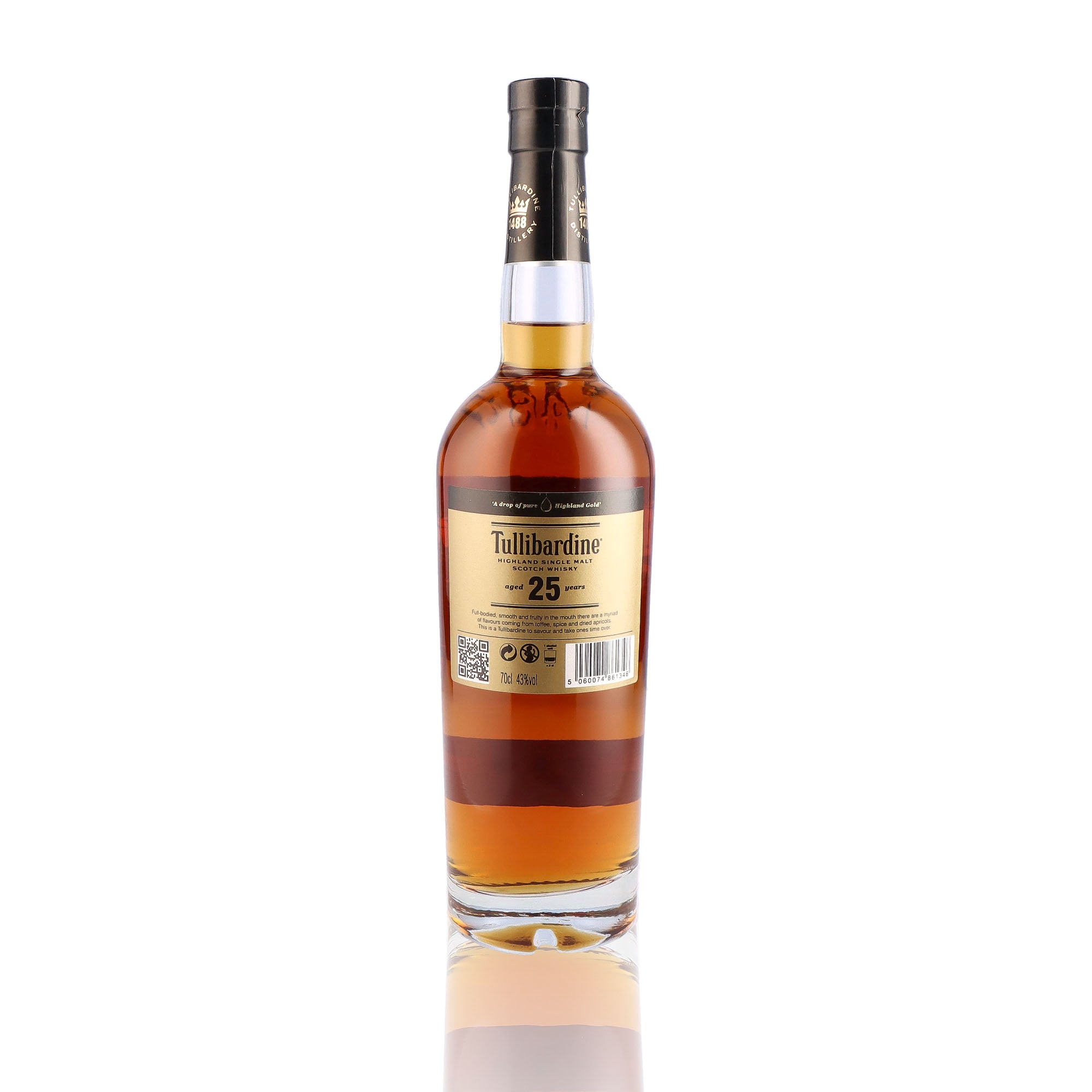 Une bouteille de Scotch Whisky Single Malt, de la marque Tullibardine, 25 ans d'âge.